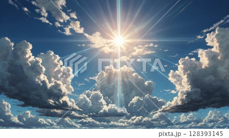 澄み渡る青空に神秘の光が舞い降りる幻想の瞬間 128393145