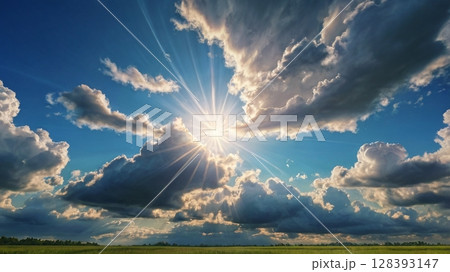 澄み渡る青空に神秘の光が舞い降りる幻想の瞬間 澄み渡る青空に神秘の光が舞い降りる幻想の瞬間 128393147