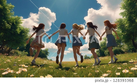 青春の一瞬を空へ放つ―自由に跳ねる彼女たちの背中 青春の一瞬を空へ放つ―自由に跳ねる彼女たちの背中 128393368