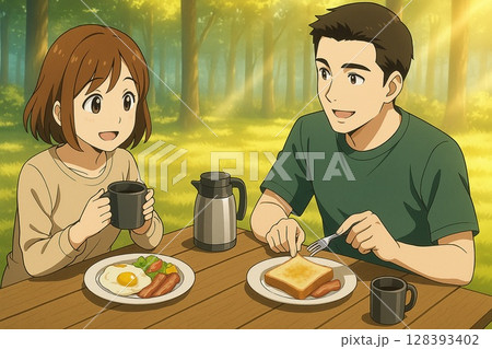 朝のキャンプ場で朝食を楽しむカップル（アニメ風） 128393402