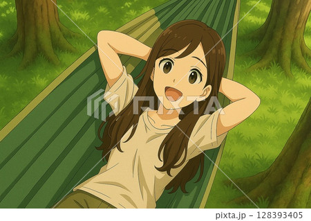ハンモックでくつろぐ女性の笑顔（アニメ風キャンプ） 128393405