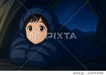 寝袋にくるまって微笑む女性の夜のテント時間（アニメ風） 128393408