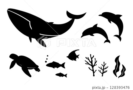 海の生き物のシルエット　ベクターイラスト素材　魚のアイコン、フレーム、装飾、背景 128393476