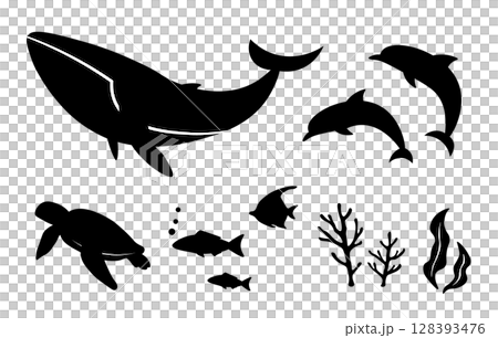 海の生き物のシルエット　ベクターイラスト素材　魚のアイコン、フレーム、装飾、背景 128393476