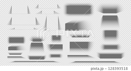 Set of rectangular packing box, poster, web banner or card shadow effects. Different blurred grey shapes. Soft shades isolated on transparent background. Vector realistic illustration Set of rectangular packing box, poster, web banner or card shadow effects. Different blurred grey shapes. Soft shades isolated on transparent background. Vector realistic illustration 128393518