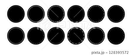Set of circle shapes with dashed border lines. Dotted geometric round figures isolated on white background. Cut here pictograms for sale coupons or price tags. Vector graphic illustration Set of circle shapes with dashed border lines. Dotted geometric round figures isolated on white background. Cut here pictograms for sale coupons or price tags. Vector graphic illustration 128393572