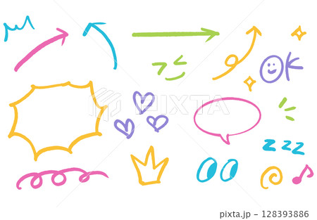 カラフルな手書き漫符セット|矢印・ハート・吹き出し・感情マークのイラスト素材 カラフルな手書き漫符セット|矢印・ハート・吹き出し・感情マークのイラスト素材 128393886