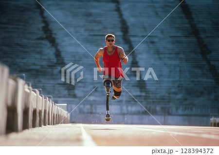 A man in a red tank top runs on a track 128394372