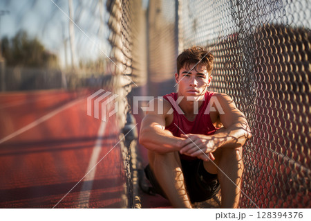 A young man in a red tank top sits on the ground in front of a fence 128394376