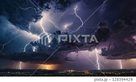 神秘の夜空に雷が舞い降りる幻想的なデジタルアート作品 128394429