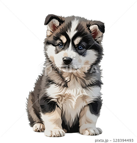 かわいくおすわりしたアラスカンマラミュート（マル）の子犬の切り抜きイラスト 128394493