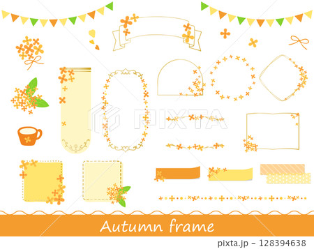 金木犀の花がかわいい秋のあしらいやフレームイラストの素材セット 金木犀の花がかわいい秋のあしらいやフレームイラストの素材セット 128394638