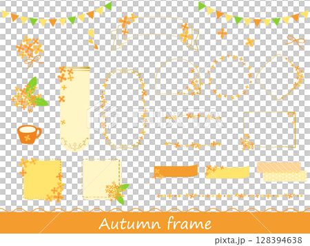 金木犀の花がかわいい秋のあしらいやフレームイラストの素材セット 金木犀の花がかわいい秋のあしらいやフレームイラストの素材セット 128394638