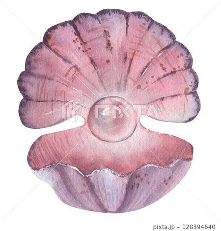 Hand drawn watercolor shell with pearl in pink pastel color. 128394640