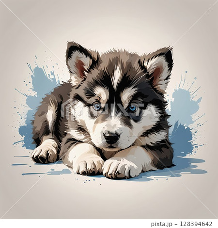 ゆったりと寝転ぶアラスカンマラミュート（マル）の子犬 128394642