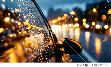 Car driving through a rainy urban environment at night with the windshield wipers in motion and the city lights reflected on the wet glass 128394828