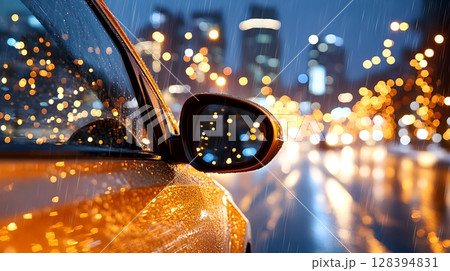 A car is driving through a busy urban cityscape at night with the windshield wipers in motion as rain falls creating a blurred glowing effect from the reflected city lights 128394831