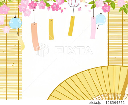 風鈴とすだれのフレーム 風鈴とすだれのフレーム 128394851