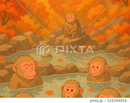 秋の紅葉の中で温泉につかるサル(猿)の親子 秋の紅葉の中で温泉につかるサル(猿)の親子 128394858