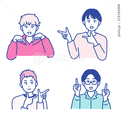 色々な方向を指差す若い男性のイラスト素材 色々な方向を指差す若い男性のイラスト素材 128394866