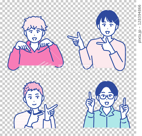 色々な方向を指差す若い男性のイラスト素材 色々な方向を指差す若い男性のイラスト素材 128394866