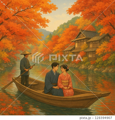 紅葉を見る人々 128394907