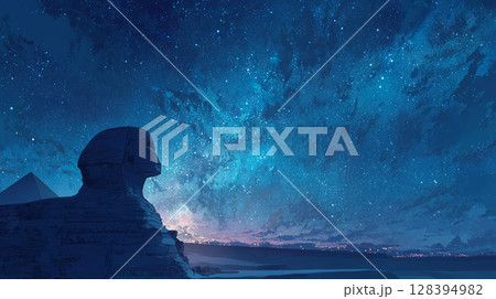煌めく星空の下のスフィンクス：エジプトの夜の壮大さ 128394982