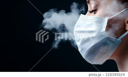 A close up portrait of a human face partially obscured by a medical mask creating a sense of mystery and concern in the dark gloomy setting 128395024