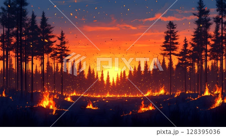 A serene forest landscape bathed in the warm glow of a fiery sunset with silhouetted trees and flickering campfires casting a moody atmospheric ambiance 128395036