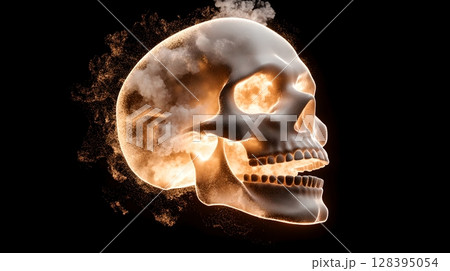 A haunting conceptual image depicting a skull like shape formed by smoke and flames against a dark ominous background symbolizing the environmental impact of pollution and the dangers of poor air 128395054