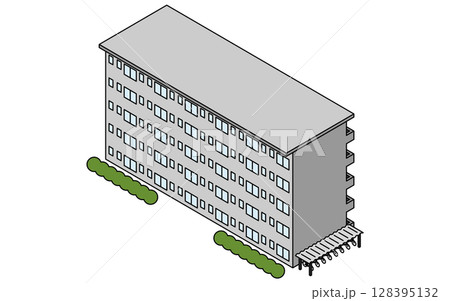 古い五階建て団地と駐輪場のシンプルな線画アイソメトリックイラスト 128395132