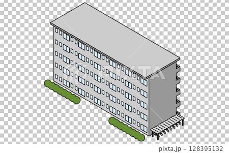 古い五階建て団地と駐輪場のシンプルな線画アイソメトリックイラスト 128395132