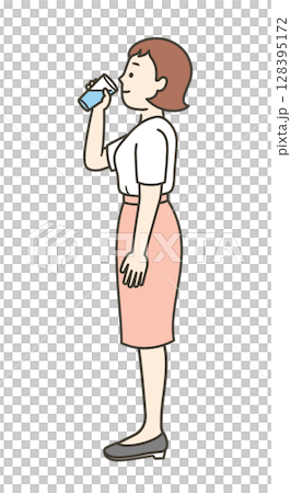 年輕女子喝水的全身插圖 年輕女子喝水的全身插圖 128395172
