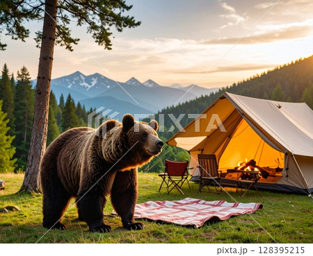 キャンプ場に現れたクマ キャンプ場に現れたクマ 128395215