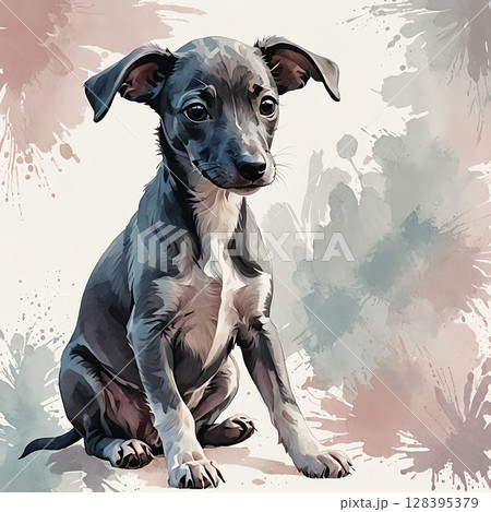 ちょこんと座ったイタグレ（イタリアングレーハウンド）の子犬の水彩画風イラスト 128395379