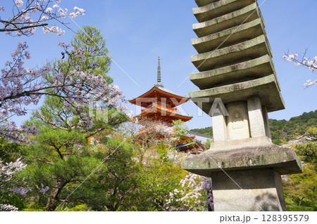 京都　清水寺の三重塔と十一重石層塔と桜 128395579
