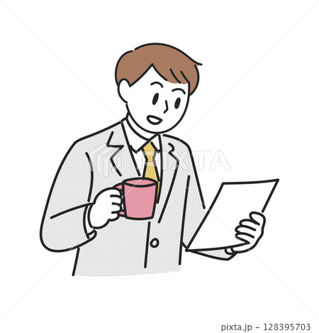 コーヒーを飲みながら書類を読むビジネスマン コーヒーを飲みながら書類を読むビジネスマン 128395703
