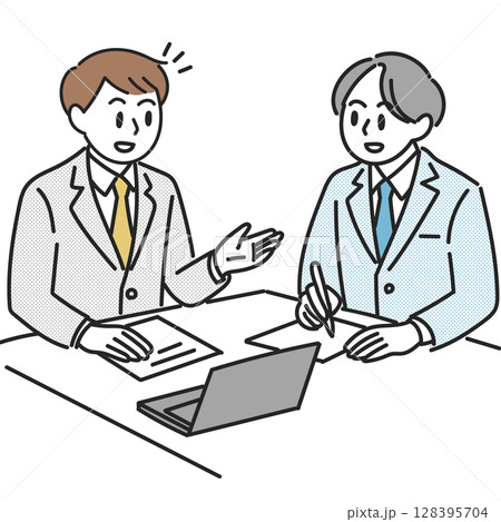 会議で話し合う二人のビジネスマンのイラスト 128395704