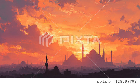 中東の夕暮れ:オレンジ色に染まるバグダッドのスカイライン 中東の夕暮れ:オレンジ色に染まるバグダッドのスカイライン 128395708