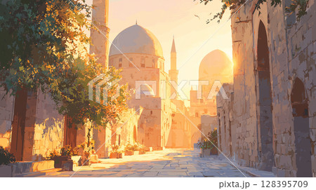 バグダッド旧市街のゴールデンアワー：光と影の路地 128395709