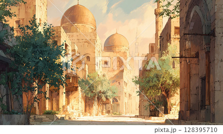 朝の光に輝くバグダッドの旧市街：歴史的建造物の美しさ 128395710