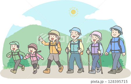 ハイキングや登山をする3世代家族のイラスト 128395715