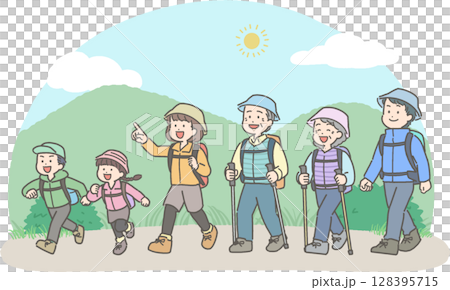 ハイキングや登山をする3世代家族のイラスト 128395715