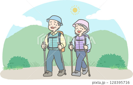 ハイキングや登山をするシニア男女のイラスト 128395716