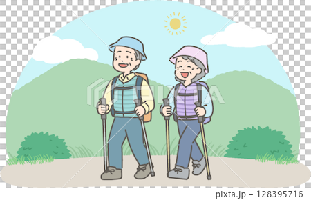 Illustration of senior men and women hiking and mountain climbing Illustration of senior men and women hiking and mountain climbing 128395716