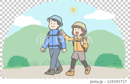 年輕男女健行和登山的插圖 年輕男女健行和登山的插圖 128395717
