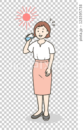 年輕女子在酷暑中補水的全身插圖 年輕女子在酷暑中補水的全身插圖 128395738