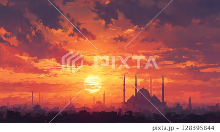 黄金色に輝くバグダッド：夕暮れの都市のシルエット 128395844
