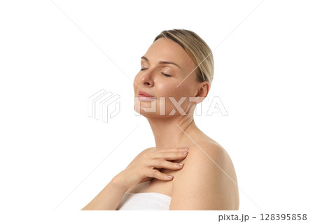 Serene woman cherishing a peaceful moment, isolated on white, PNG 128395858