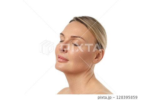 Woman at peace with eyes closed, isolated on white, PNG Woman at peace with eyes closed, isolated on white, PNG 128395859